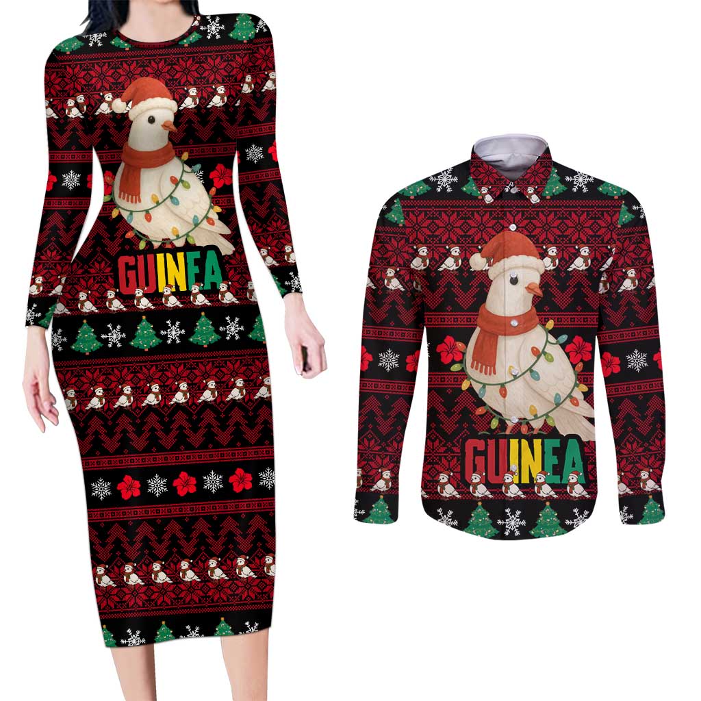 Guinea Christmas Couples Matching Long Sleeve Bodycon Dress and Long Sleeve Button Shirt with Festive Dove String Lights and Red Black Holiday Pattern - Wonder Print Shop