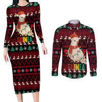 Guinea Christmas Couples Matching Long Sleeve Bodycon Dress and Long Sleeve Button Shirt with Festive Dove String Lights and Red Black Holiday Pattern - Wonder Print Shop