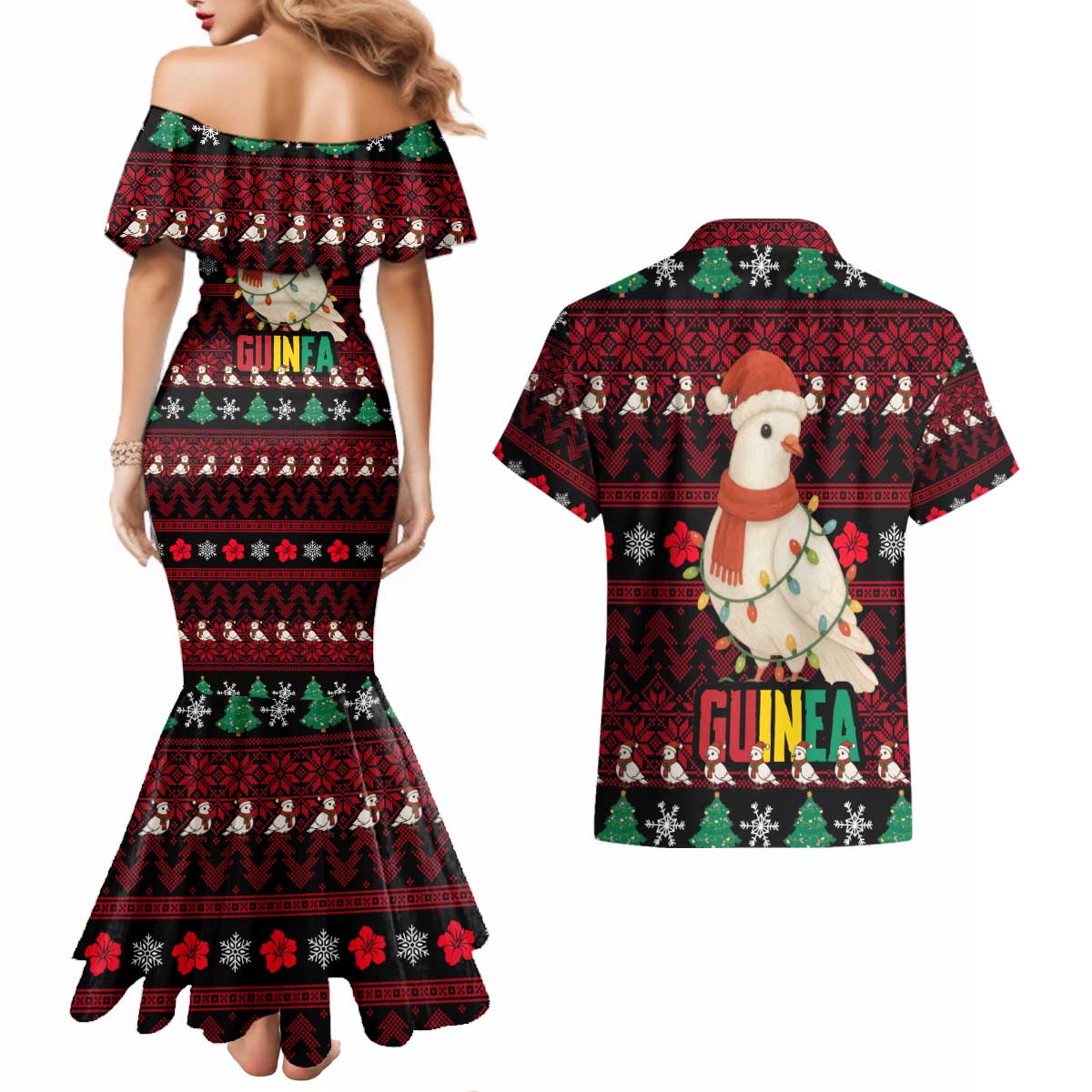 Guinea Christmas Couples Matching Mermaid Dress and Hawaiian Shirt with Festive Dove String Lights and Red Black Holiday Pattern - Wonder Print Shop