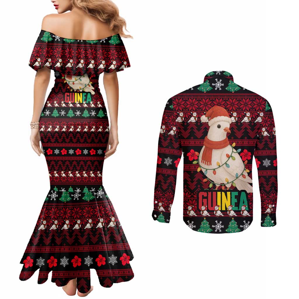 Guinea Christmas Couples Matching Mermaid Dress and Long Sleeve Button Shirt with Festive Dove String Lights and Red Black Holiday Pattern - Wonder Print Shop