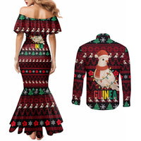 Guinea Christmas Couples Matching Mermaid Dress and Long Sleeve Button Shirt with Festive Dove String Lights and Red Black Holiday Pattern - Wonder Print Shop