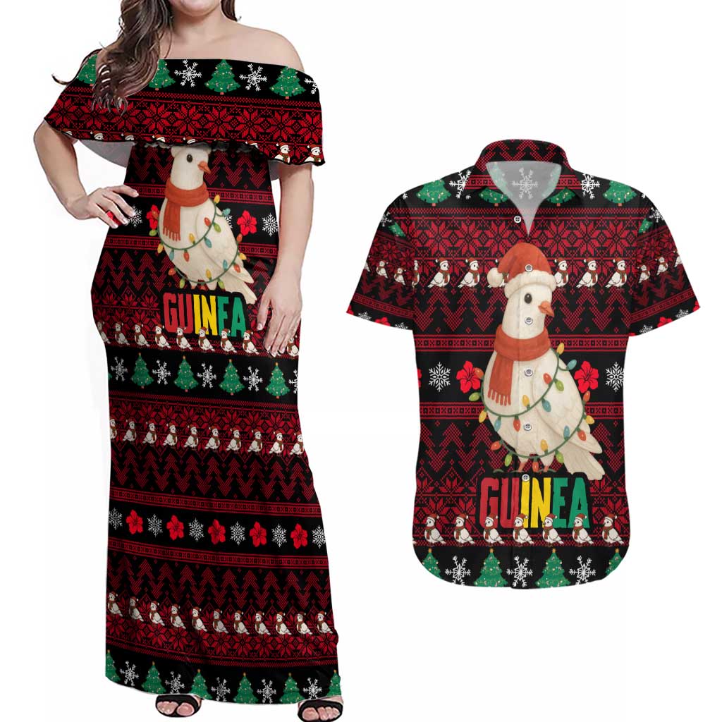 Guinea Christmas Couples Matching Off Shoulder Maxi Dress and Hawaiian Shirt with Festive Dove String Lights and Red Black Holiday Pattern - Wonder Print Shop
