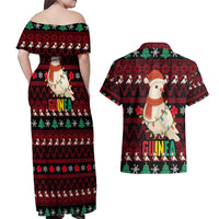 Guinea Christmas Couples Matching Off Shoulder Maxi Dress and Hawaiian Shirt with Festive Dove String Lights and Red Black Holiday Pattern - Wonder Print Shop