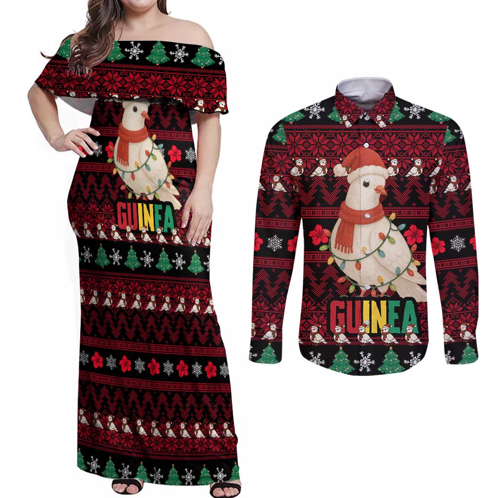 Guinea Christmas Couples Matching Off Shoulder Maxi Dress and Long Sleeve Button Shirt with Festive Dove String Lights and Red Black Holiday Pattern - Wonder Print Shop