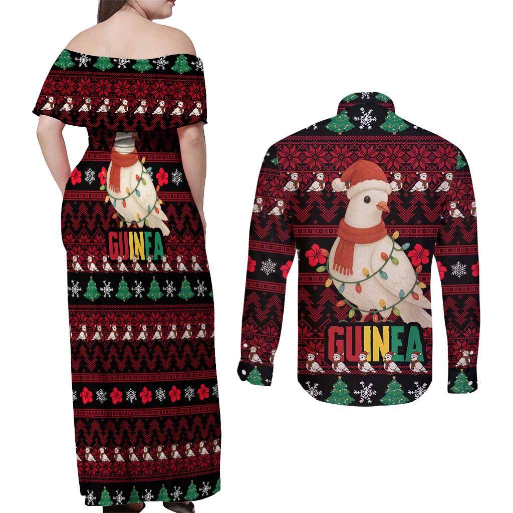 Guinea Christmas Couples Matching Off Shoulder Maxi Dress and Long Sleeve Button Shirt with Festive Dove String Lights and Red Black Holiday Pattern - Wonder Print Shop