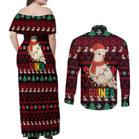 Guinea Christmas Couples Matching Off Shoulder Maxi Dress and Long Sleeve Button Shirt with Festive Dove String Lights and Red Black Holiday Pattern - Wonder Print Shop