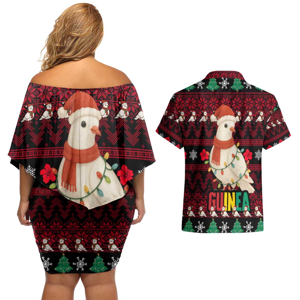 Guinea Christmas Couples Matching Off Shoulder Short Dress and Hawaiian Shirt with Festive Dove String Lights and Red Black Holiday Pattern - Wonder Print Shop
