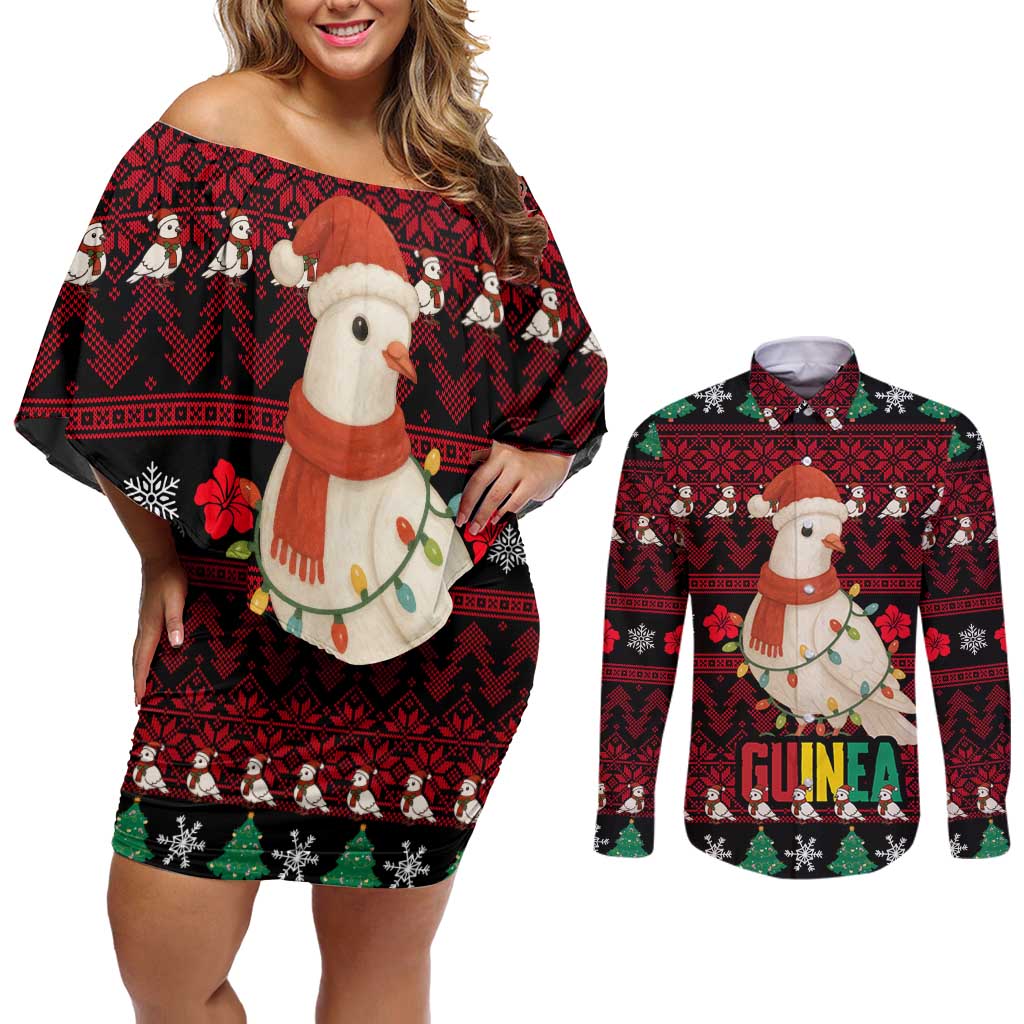 Guinea Christmas Couples Matching Off Shoulder Short Dress and Long Sleeve Button Shirt with Festive Dove String Lights and Red Black Holiday Pattern - Wonder Print Shop