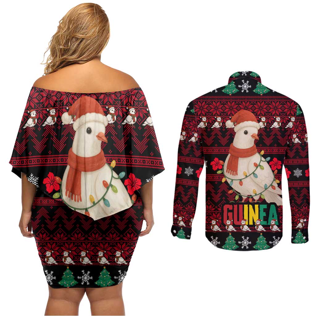 Guinea Christmas Couples Matching Off Shoulder Short Dress and Long Sleeve Button Shirt with Festive Dove String Lights and Red Black Holiday Pattern - Wonder Print Shop