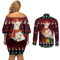 Guinea Christmas Couples Matching Off Shoulder Short Dress and Long Sleeve Button Shirt with Festive Dove String Lights and Red Black Holiday Pattern - Wonder Print Shop