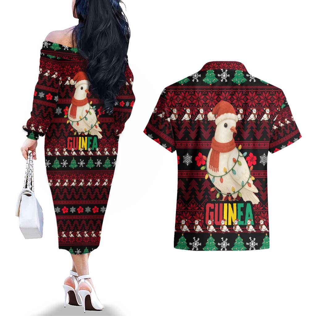 Guinea Christmas Couples Matching Off The Shoulder Long Sleeve Dress and Hawaiian Shirt with Festive Dove String Lights and Red Black Holiday Pattern - Wonder Print Shop
