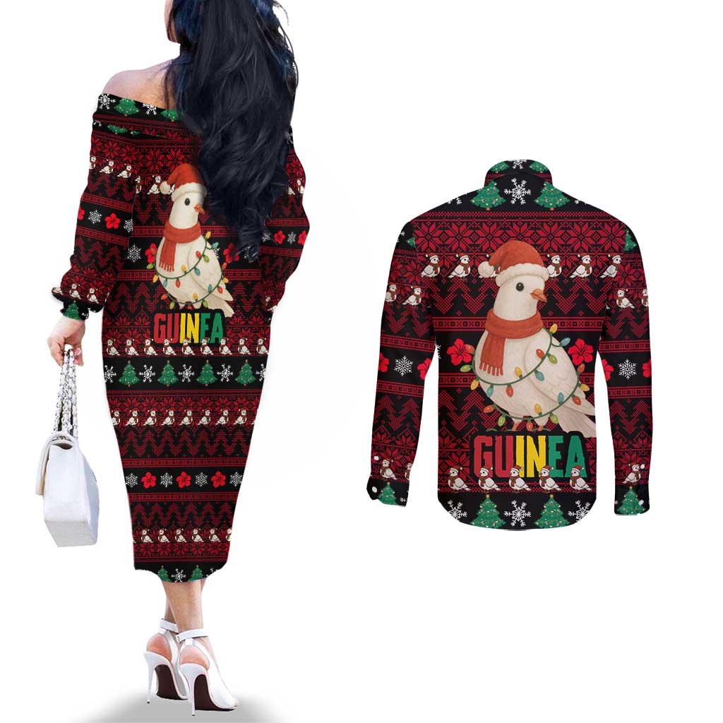 Guinea Christmas Couples Matching Off The Shoulder Long Sleeve Dress and Long Sleeve Button Shirt with Festive Dove String Lights and Red Black Holiday Pattern - Wonder Print Shop