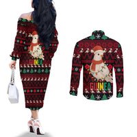 Guinea Christmas Couples Matching Off The Shoulder Long Sleeve Dress and Long Sleeve Button Shirt with Festive Dove String Lights and Red Black Holiday Pattern - Wonder Print Shop