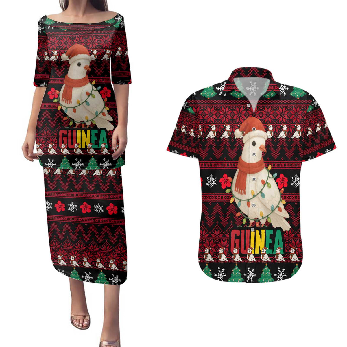 Guinea Christmas Couples Matching Puletasi and Hawaiian Shirt with Festive Dove String Lights and Red Black Holiday Pattern - Wonder Print Shop