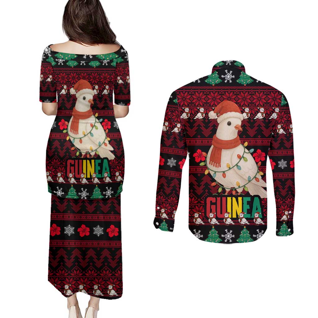 Guinea Christmas Couples Matching Puletasi and Long Sleeve Button Shirt with Festive Dove String Lights and Red Black Holiday Pattern - Wonder Print Shop