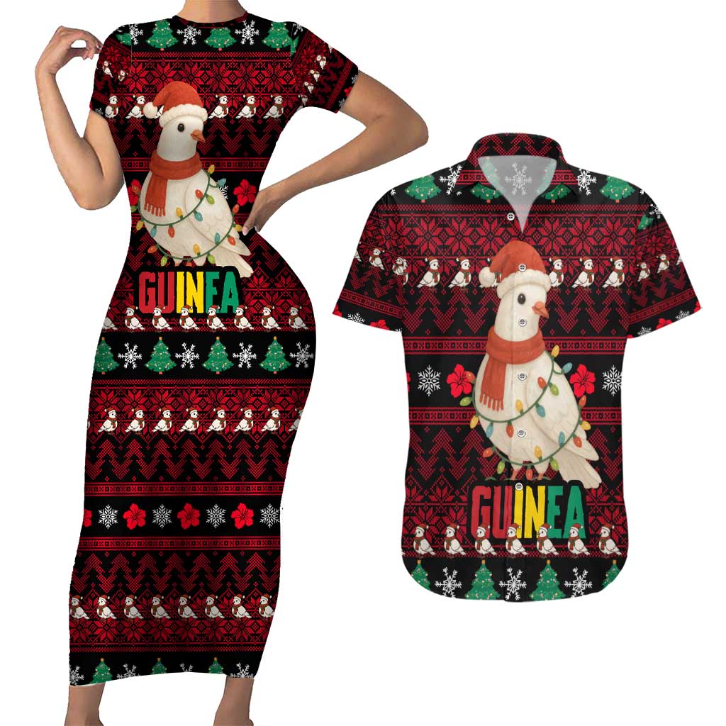 Guinea Christmas Couples Matching Short Sleeve Bodycon Dress and Hawaiian Shirt with Festive Dove String Lights and Red Black Holiday Pattern - Wonder Print Shop
