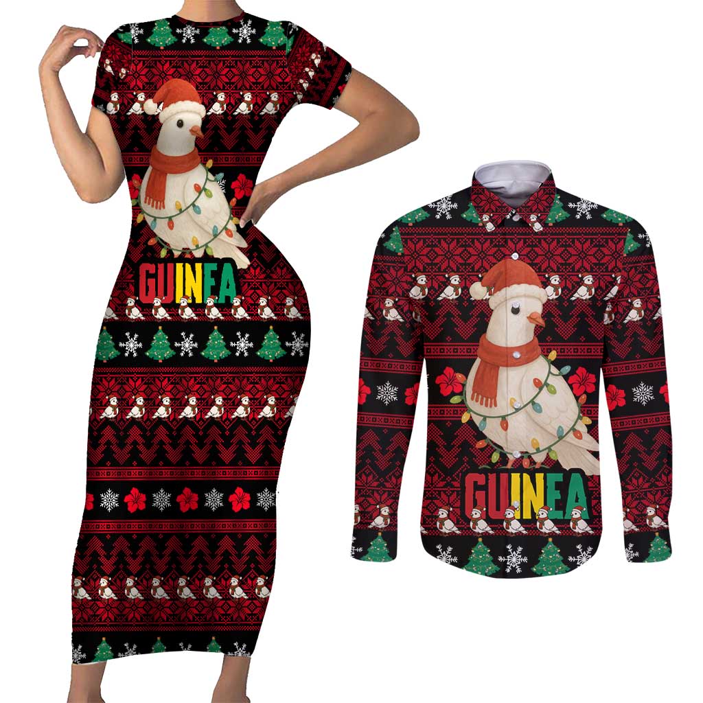 Guinea Christmas Couples Matching Short Sleeve Bodycon Dress and Long Sleeve Button Shirt with Festive Dove String Lights and Red Black Holiday Pattern - Wonder Print Shop