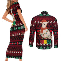 Guinea Christmas Couples Matching Short Sleeve Bodycon Dress and Long Sleeve Button Shirt with Festive Dove String Lights and Red Black Holiday Pattern - Wonder Print Shop