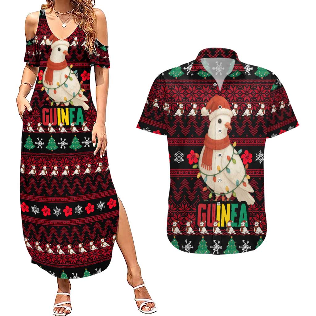 Guinea Christmas Couples Matching Summer Maxi Dress and Hawaiian Shirt with Festive Dove String Lights and Red Black Holiday Pattern - Wonder Print Shop
