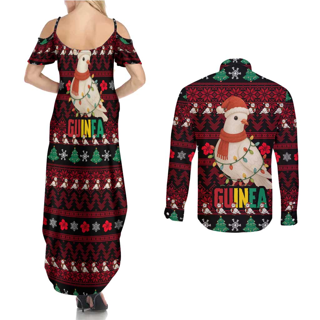 Guinea Christmas Couples Matching Summer Maxi Dress and Long Sleeve Button Shirt with Festive Dove String Lights and Red Black Holiday Pattern - Wonder Print Shop