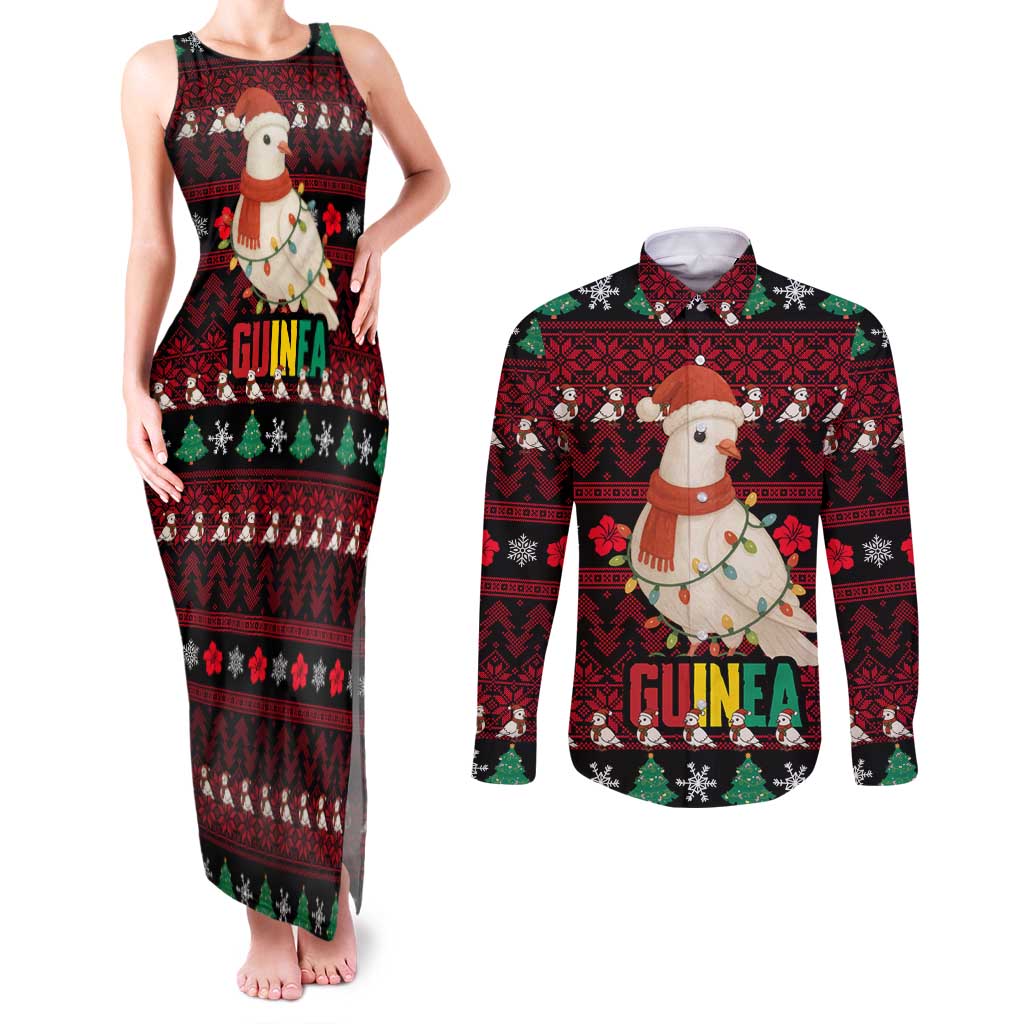 Guinea Christmas Couples Matching Tank Maxi Dress and Long Sleeve Button Shirt with Festive Dove String Lights and Red Black Holiday Pattern - Wonder Print Shop