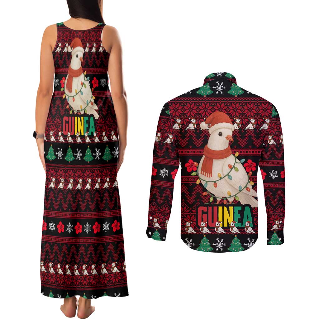 Guinea Christmas Couples Matching Tank Maxi Dress and Long Sleeve Button Shirt with Festive Dove String Lights and Red Black Holiday Pattern - Wonder Print Shop