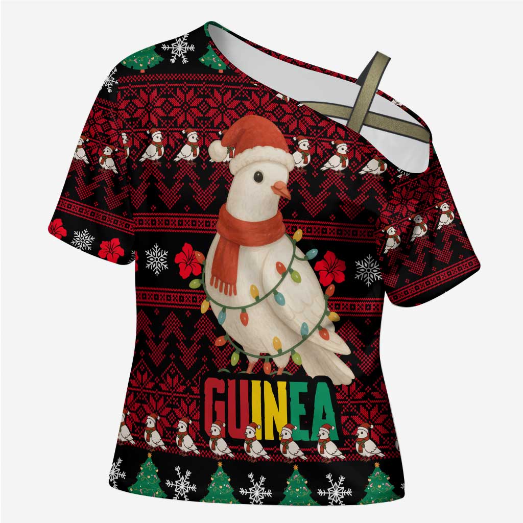 Guinea Christmas Cross Shoulder Shirt with Festive Dove String Lights and Red Black Holiday Pattern - Wonder Print Shop