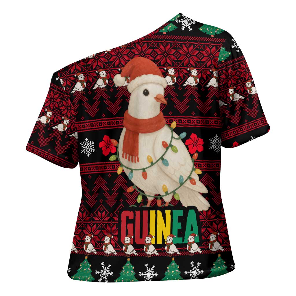 Guinea Christmas Cross Shoulder Shirt with Festive Dove String Lights and Red Black Holiday Pattern - Wonder Print Shop