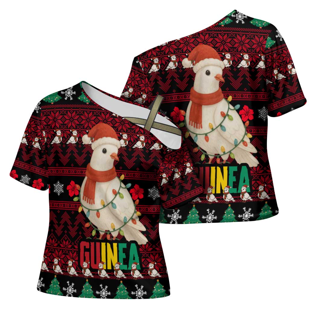 Guinea Christmas Cross Shoulder Shirt with Festive Dove String Lights and Red Black Holiday Pattern - Wonder Print Shop