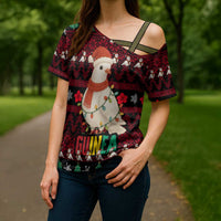 Guinea Christmas Cross Shoulder Shirt with Festive Dove String Lights and Red Black Holiday Pattern - Wonder Print Shop