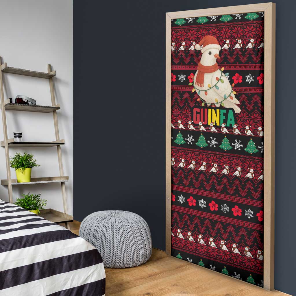 Guinea Christmas Door Cover with Festive Dove String Lights and Red Black Holiday Pattern - Wonder Print Shop