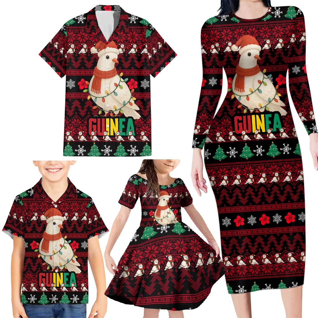 Guinea Christmas Family Matching Long Sleeve Bodycon Dress and Hawaiian Shirt with Festive Dove String Lights and Red Black Holiday Pattern - Wonder Print Shop