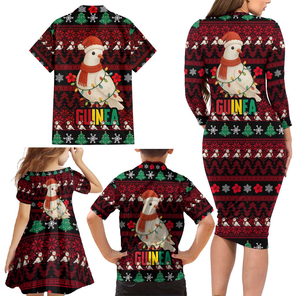 Guinea Christmas Family Matching Long Sleeve Bodycon Dress and Hawaiian Shirt with Festive Dove String Lights and Red Black Holiday Pattern - Wonder Print Shop