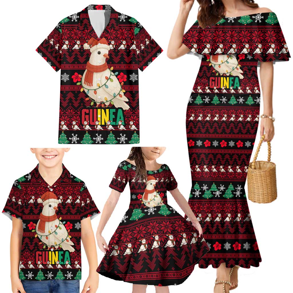 Guinea Christmas Family Matching Mermaid Dress and Hawaiian Shirt with Festive Dove String Lights and Red Black Holiday Pattern - Wonder Print Shop