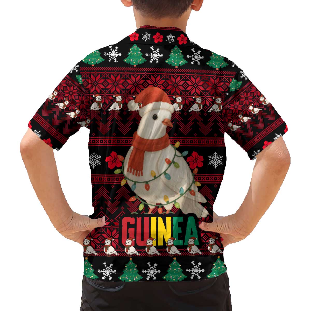 Guinea Christmas Family Matching Off The Shoulder Long Sleeve Dress and Hawaiian Shirt with Festive Dove String Lights and Red Black Holiday Pattern - Wonder Print Shop