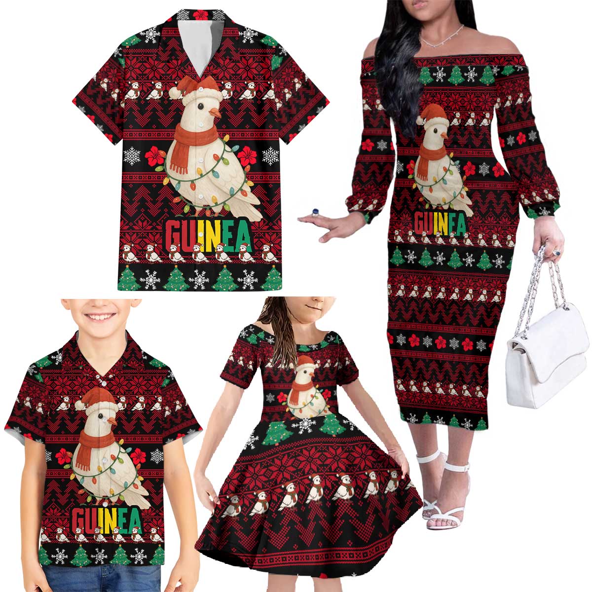 Guinea Christmas Family Matching Off The Shoulder Long Sleeve Dress and Hawaiian Shirt with Festive Dove String Lights and Red Black Holiday Pattern - Wonder Print Shop