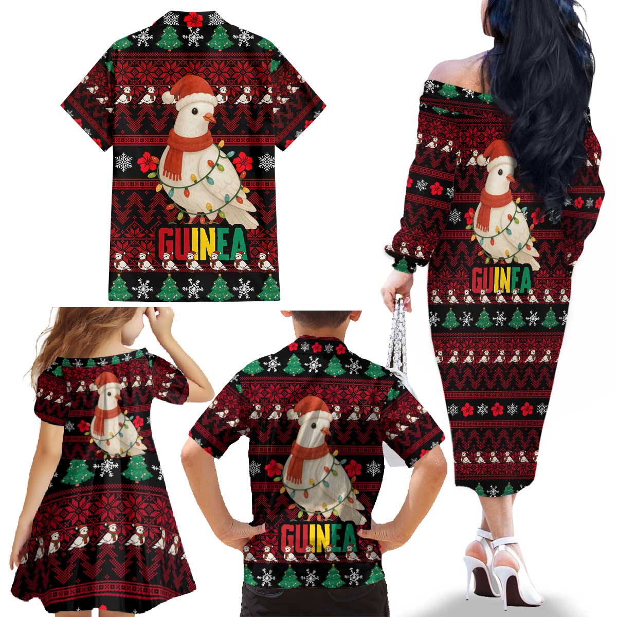 Guinea Christmas Family Matching Off The Shoulder Long Sleeve Dress and Hawaiian Shirt with Festive Dove String Lights and Red Black Holiday Pattern - Wonder Print Shop