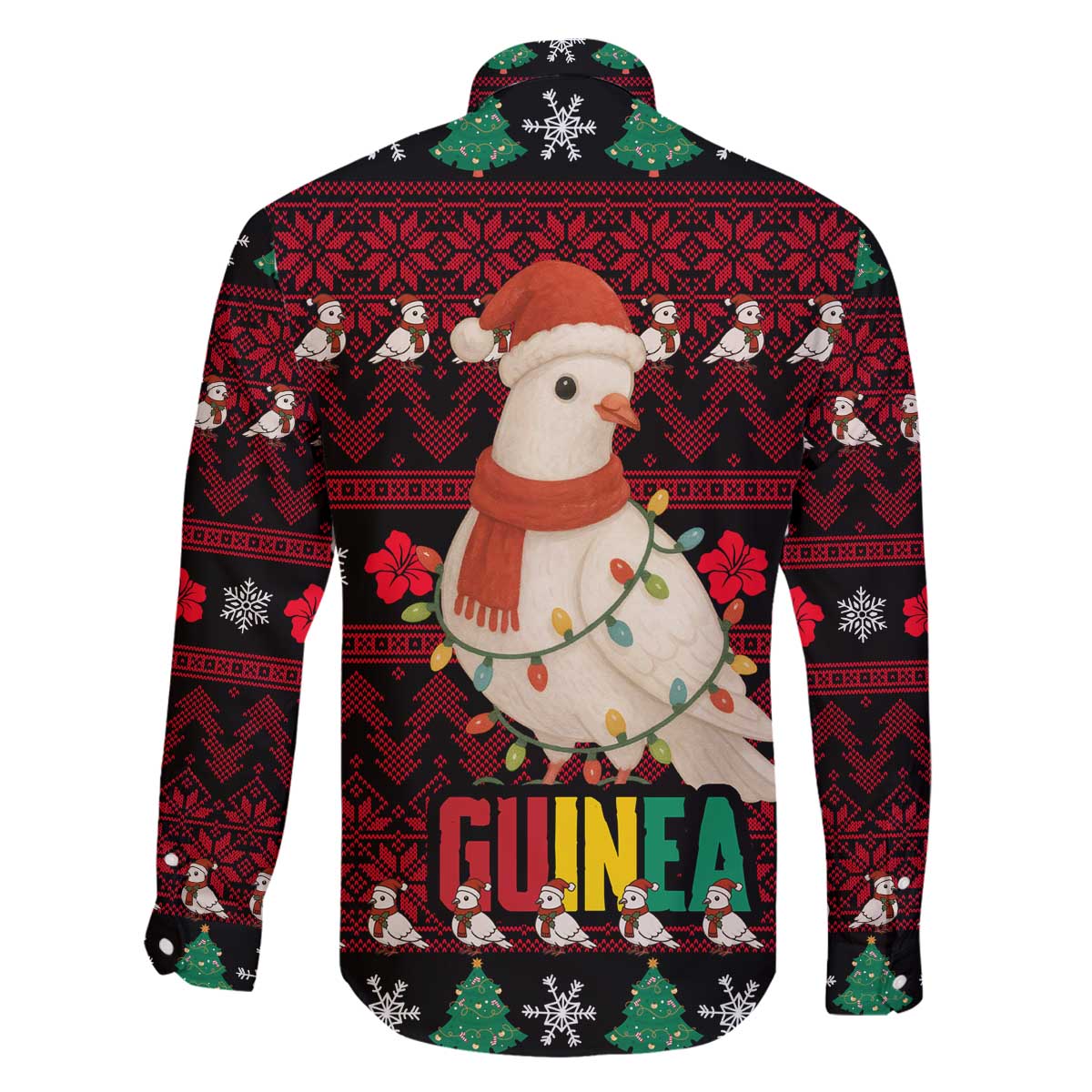 Guinea Christmas Family Matching Off The Shoulder Long Sleeve Dress and Hawaiian Shirt with Festive Dove String Lights and Red Black Holiday Pattern - Wonder Print Shop
