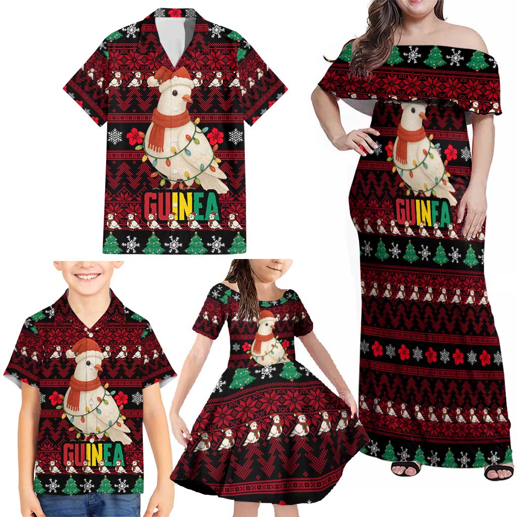 Guinea Christmas Family Matching Off Shoulder Maxi Dress and Hawaiian Shirt with Festive Dove String Lights and Red Black Holiday Pattern - Wonder Print Shop
