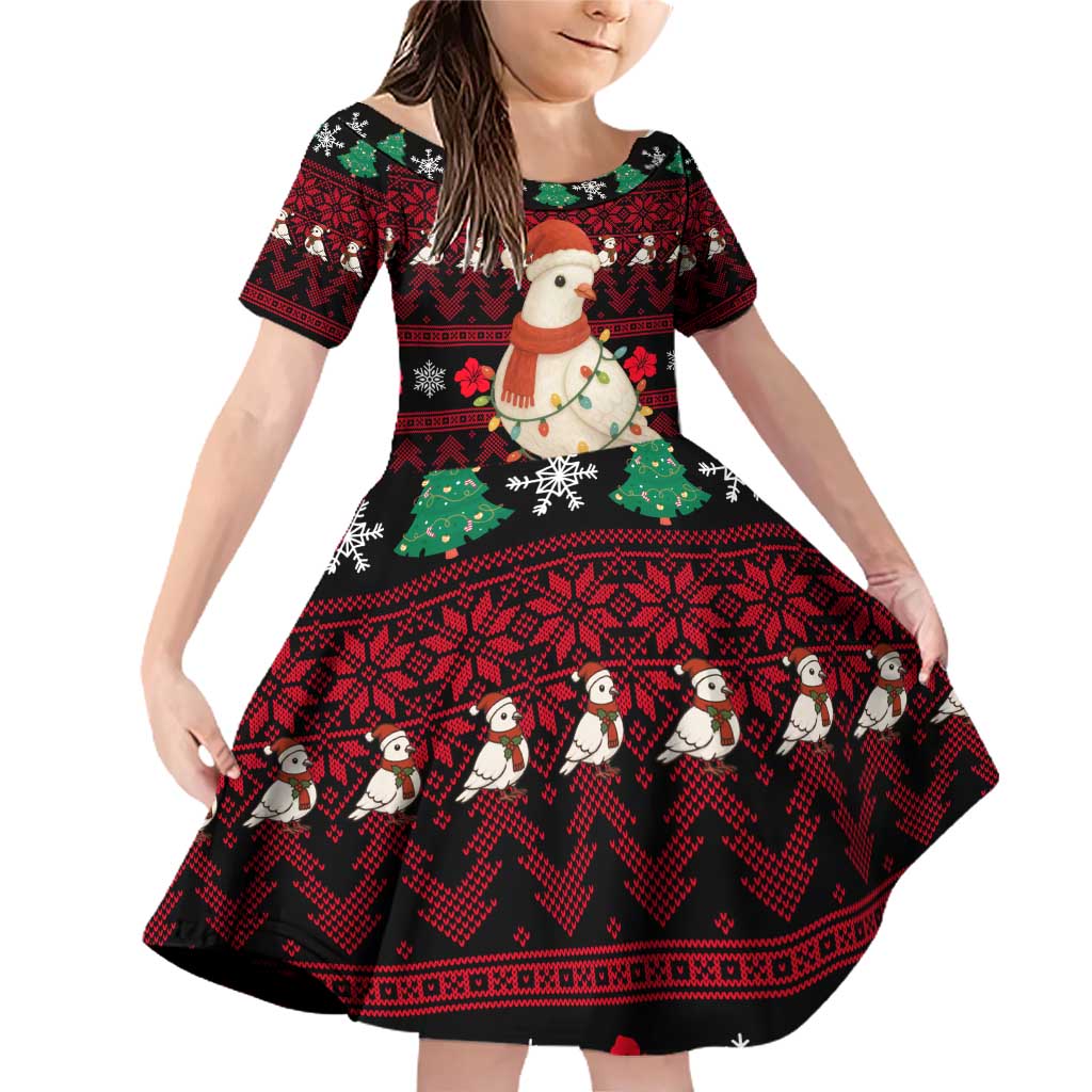 Guinea Christmas Family Matching Off Shoulder Short Dress and Hawaiian Shirt with Festive Dove String Lights and Red Black Holiday Pattern - Wonder Print Shop