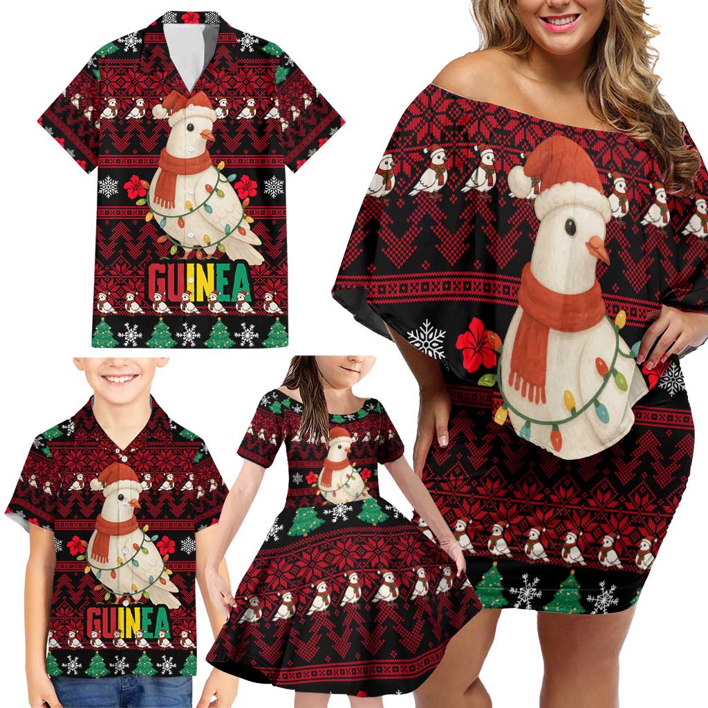 Guinea Christmas Family Matching Off Shoulder Short Dress and Hawaiian Shirt with Festive Dove String Lights and Red Black Holiday Pattern - Wonder Print Shop