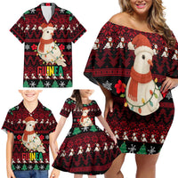 Guinea Christmas Family Matching Off Shoulder Short Dress and Hawaiian Shirt with Festive Dove String Lights and Red Black Holiday Pattern - Wonder Print Shop