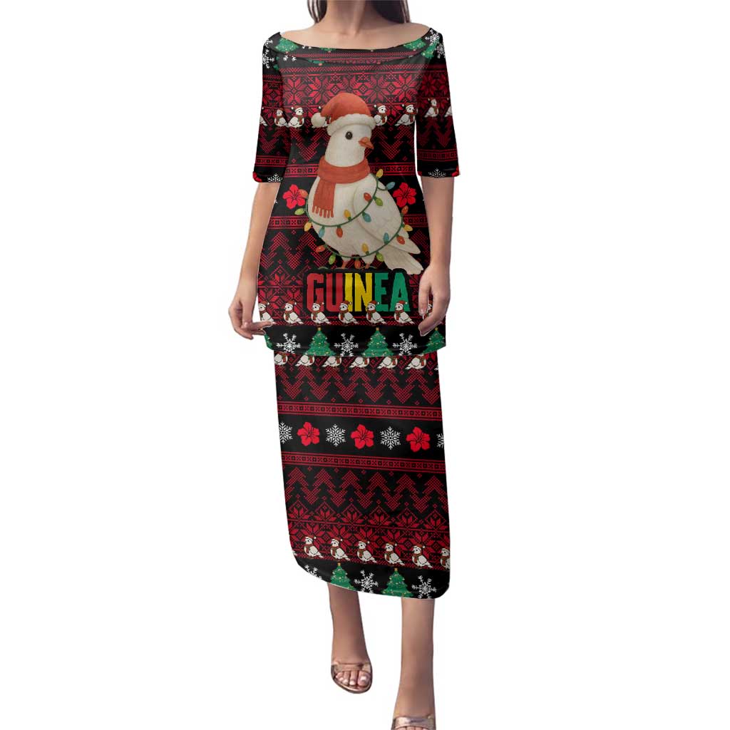 Guinea Christmas Family Matching Puletasi and Hawaiian Shirt with Festive Dove String Lights and Red Black Holiday Pattern - Wonder Print Shop