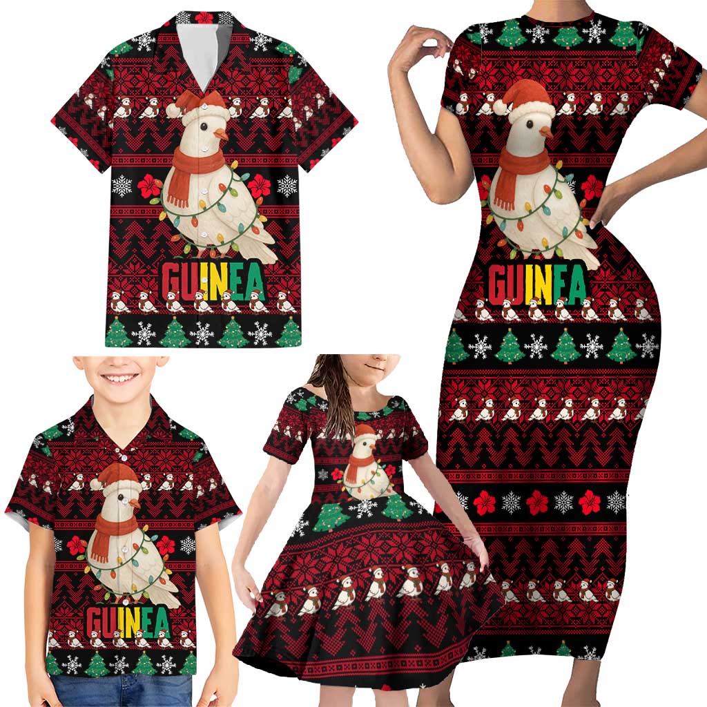 Guinea Christmas Family Matching Short Sleeve Bodycon Dress and Hawaiian Shirt with Festive Dove String Lights and Red Black Holiday Pattern - Wonder Print Shop
