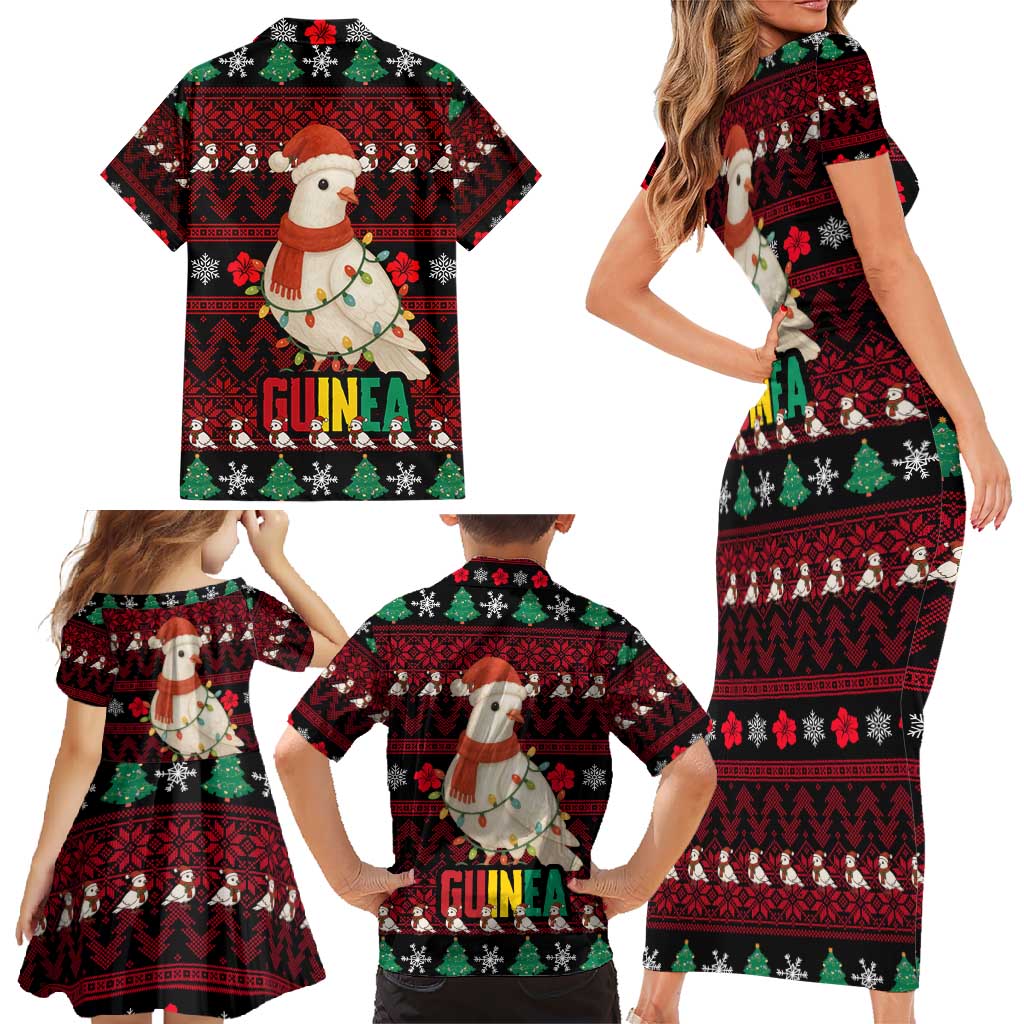 Guinea Christmas Family Matching Short Sleeve Bodycon Dress and Hawaiian Shirt with Festive Dove String Lights and Red Black Holiday Pattern - Wonder Print Shop