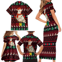 Guinea Christmas Family Matching Short Sleeve Bodycon Dress and Hawaiian Shirt with Festive Dove String Lights and Red Black Holiday Pattern - Wonder Print Shop