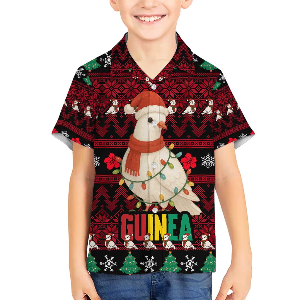 Guinea Christmas Family Matching Short Sleeve Bodycon Dress and Hawaiian Shirt with Festive Dove String Lights and Red Black Holiday Pattern - Wonder Print Shop
