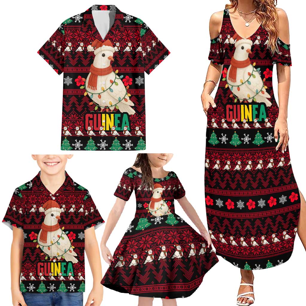 Guinea Christmas Family Matching Summer Maxi Dress and Hawaiian Shirt with Festive Dove String Lights and Red Black Holiday Pattern - Wonder Print Shop
