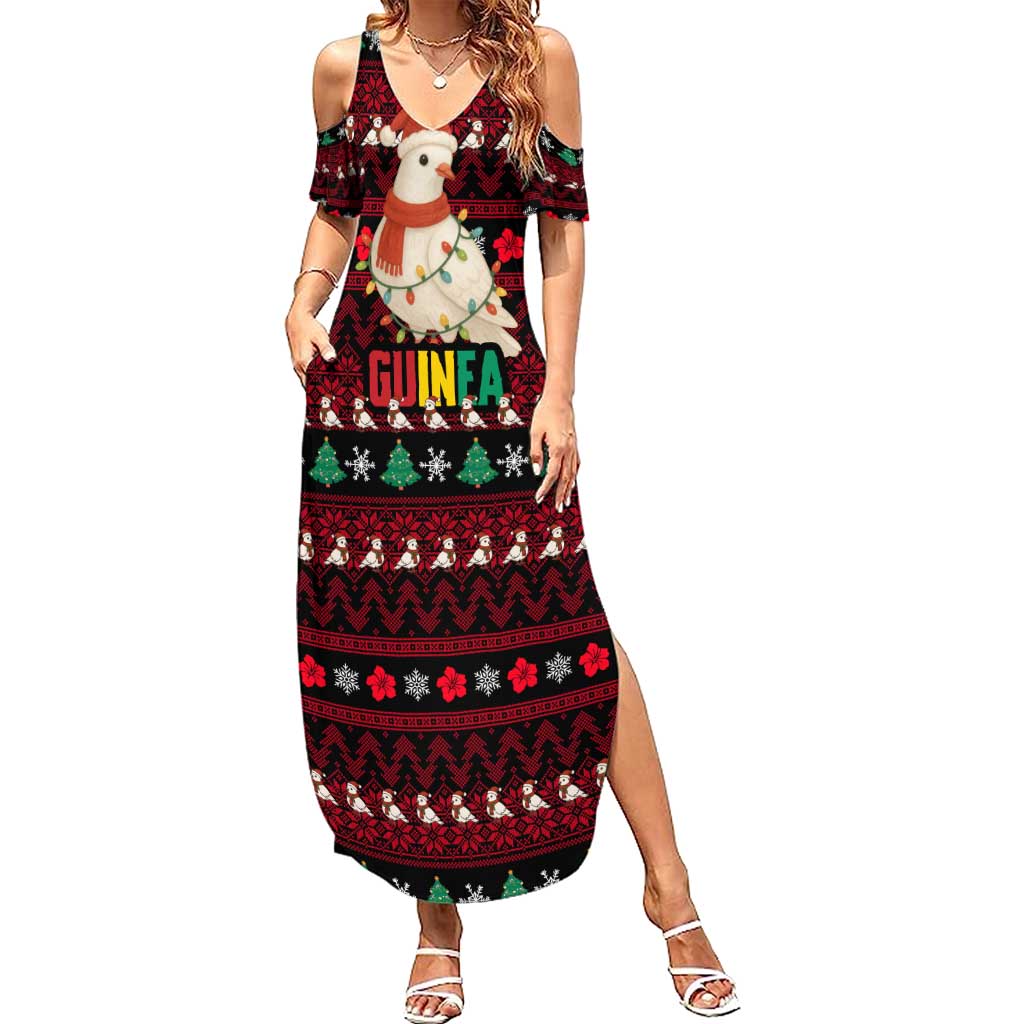 Guinea Christmas Family Matching Summer Maxi Dress and Hawaiian Shirt with Festive Dove String Lights and Red Black Holiday Pattern - Wonder Print Shop