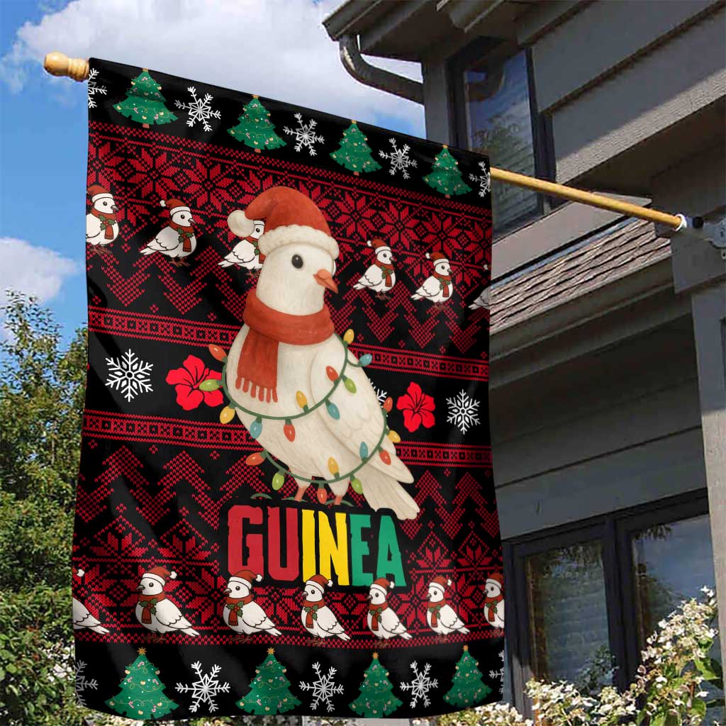 Guinea Christmas Garden Flag with Festive Dove String Lights and Red Black Holiday Pattern - Wonder Print Shop